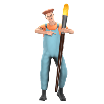 3D Model of Male Painter. A male painter stands with his left hand holding a large paintbrush while his right hand points to the paintbrush. Professional Art Character png