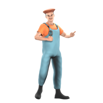 3D Male Painter in Studio. A male painter stands with his right hand holding a magnifying glass while his left hand points to the left. Professional Character png