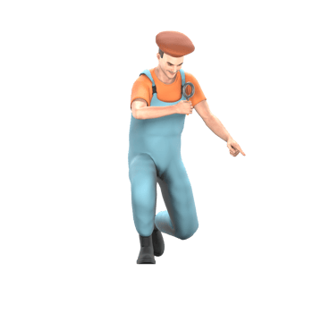 Professional 3D Art Painter. A male painter kneels slightly with his right hand holding a magnifying glass magnifier while the left hand points to something. Male Model png
