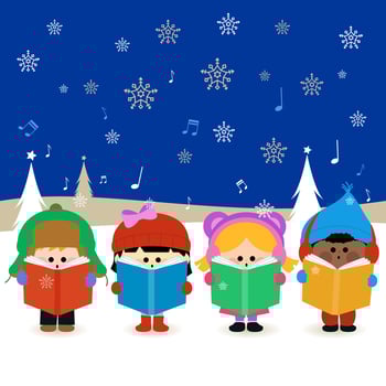 Boys and girls singing Christmas carols at Christmas Eve night outside in the snow. Christmas Eve carolers kids choir sing happily in the winter landscape. vector