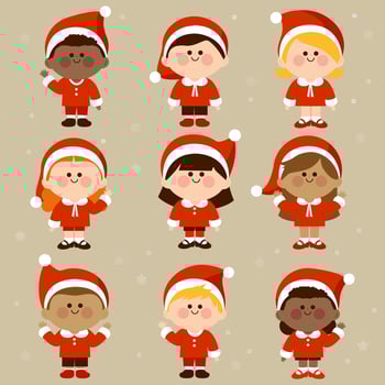 Diverse group of children in Christmas Santa Claus costumes. Xmas party kids celebrating New Year And Christmas. vector