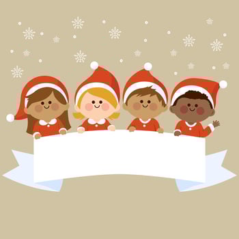 Happy group of children dressed in Christmas costumes holding a blank ribbon banner. Xmas party kids celebrating New Year And Christmas. vector