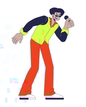 Retro male singer singing microphone 2D cartoon character. Funky performer 70s. Disco styled hispanic man holding mic isolated person flat on white background. Spot illustration colorful vector