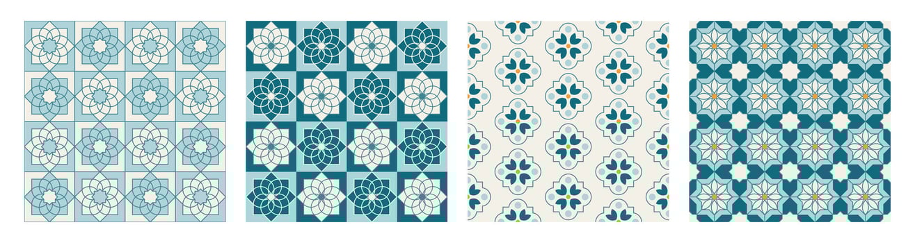 Collection of Arabic geometric mosaic printable seamless pattern with abstract Moroccan print in blue and orange colors. Ramadan Kareem Traditional Islamic art Illustration background vector