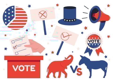 Election campaign set of elements. Election 2024, democracy vote, political campaign. Flat illustrations isolated on white background vector
