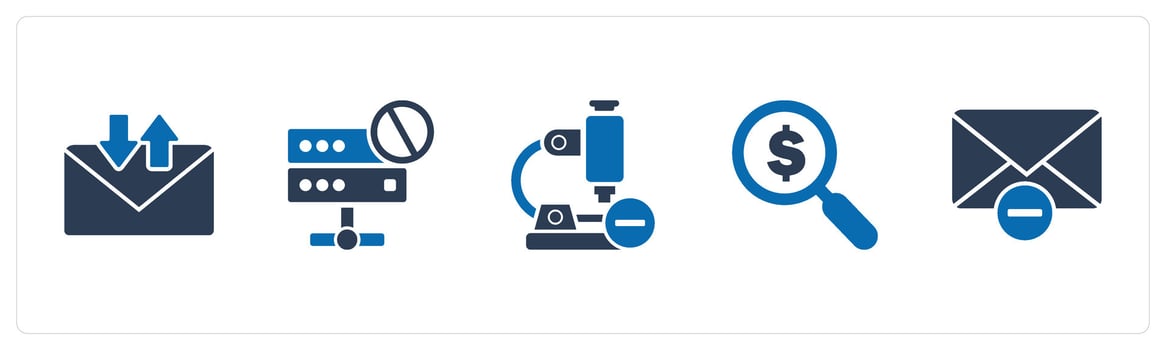 A set of 5 business icons as message, server prohibition, remove microscope vector