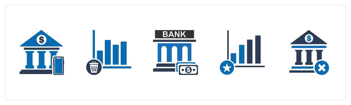 A set of 5 business icons as digital banking, trash graph, financial institution vector