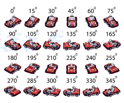 A set of 24 pixel superkart from different angles. vector