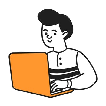 Student boy working on laptop doodle line and color illustration. Schoolboy doing homework online linear sketch person vector