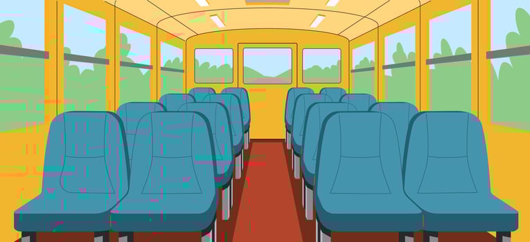 Empty bus salon with soft seats flat illustration. Public vehicle 2D interior cartoon background. Passengers transportation scene image vector