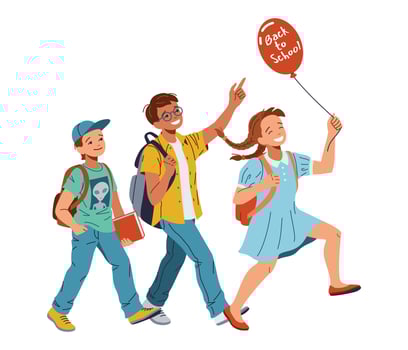 Happy kids with balloon walk to school flat color illustration. Cheerful junior schoolchildren with backpacks cartoon composition on white vector