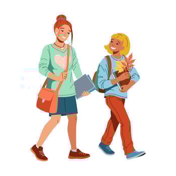 Happy girl with elder sister going to school flat color illustration. Pretty schoolgirls with learning supplies concept icon on white vector