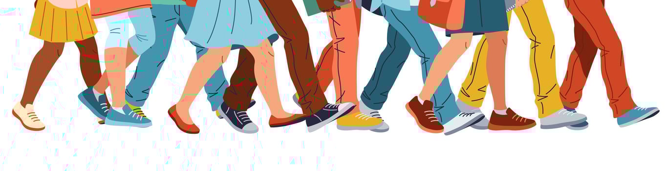 Legs of children walking to lessons flat color illustration. Kids go to school after holidays concept of back to school icon on white vector