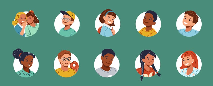 Multicultural school students round avatars color icon set. Happy schoolchildren portraits illustration pack on green background vector