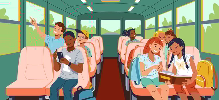 Upbeat multiracial understudies riding school transport level outline. Children in vehicle 2D characters cartoon foundation. Instruction scene picture vector