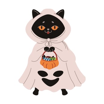 Black cat in ghost costume asking for candies flat color illustration. Pet playing trick or treat Halloween character icon on white background vector