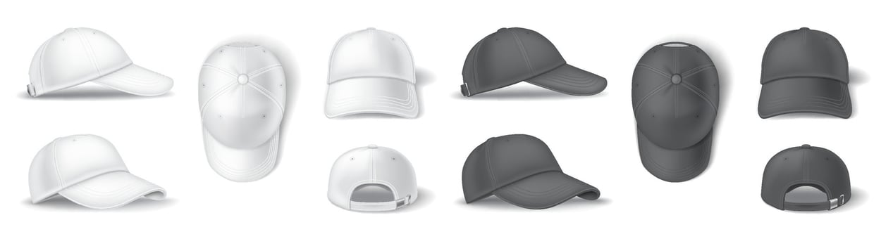 Mockup baseball caps black and white realistic illustration set. Sports uniform headgear with copy space 3d models on white background vector