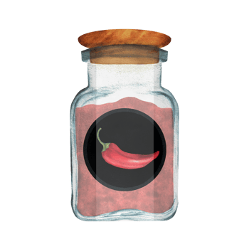 Glass jar with paprika and black round sticker. Kitchen cooking clipart. Spices. Hand-drawn watercolor illustration png