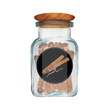 Glass jar with cinnamon sticks and black round sticker. Kitchen cooking clipart. Spices. Hand-drawn watercolor png