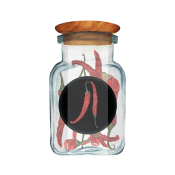 Glass jar with chili pepper and black round sticker. Kitchen cooking clipart. Spices. Hand-drawn watercolor illustration png