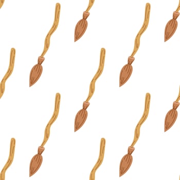 Flat style magic broom seamless pattern. Element of witchcraft. Symbol of magic. A vehicle for the witch. Broomstick or print for Halloween or all saints ' day. vector