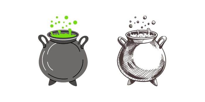 Halloween cauldron isolated on white background. Flat and sketch style sketch doodle graphic illustration. Halloween party, holiday, cloth, print, icon, logo, paper, decor. vector