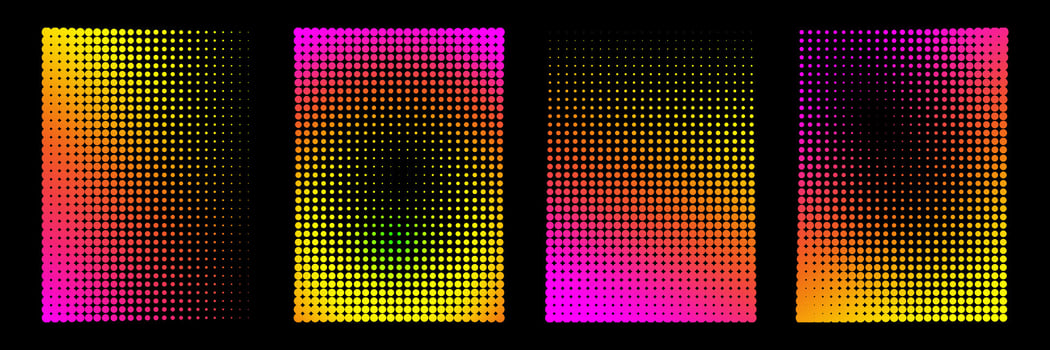 Set of vertical backgrounds with neon gradient. Grunge wallpaper with dots, smooth transition of colors to create a design in a comic style, retro collage. vector