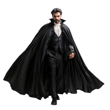 A man dressed as a vampire, with a dramatic cape flourish and a menacing grin. isolated on transparency background png