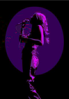 Isolated, high contrast, female singer illustration on black and purple background. vector
