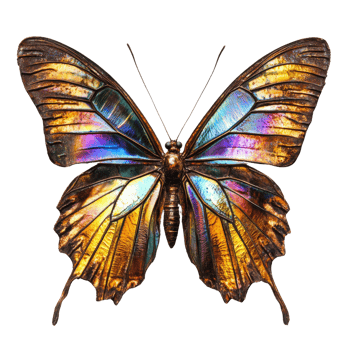 Metallic iridescent butterfly with vibrant multicolored wings isolated on transparent background png