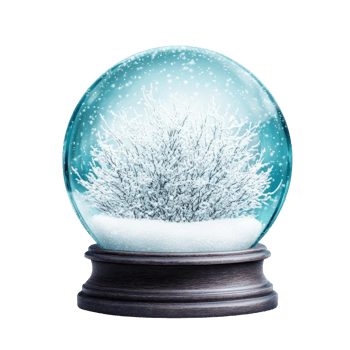A snow globe with a snowy tree encased inside, resting on a wooden base. Snowflakes swirl around the tree in the winter scene. png