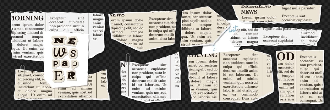 Set of Crumpled torn papers with Jagged edges. Collage. Concept scraps background, newspaper fragments. Trendy vintage design elements. Old news sheets. illustration. vector