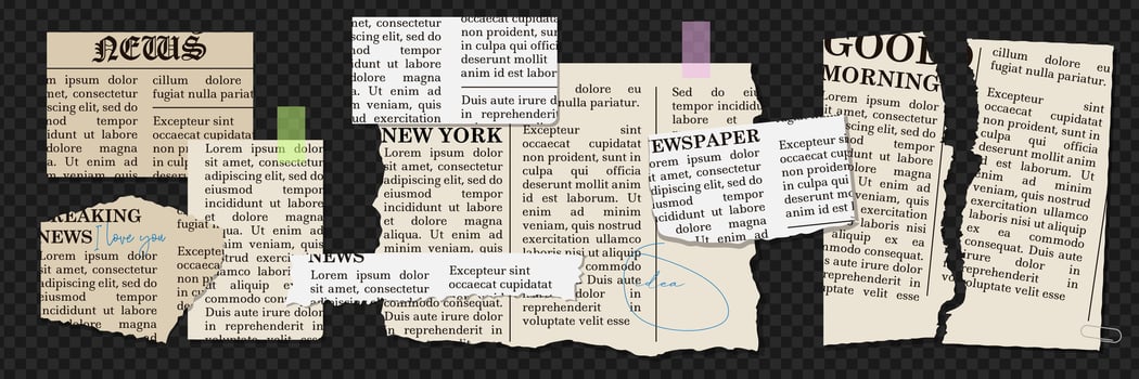 Newspaper torn paper pieces set with uneven edges. Vintage elements collection for collage. vector
