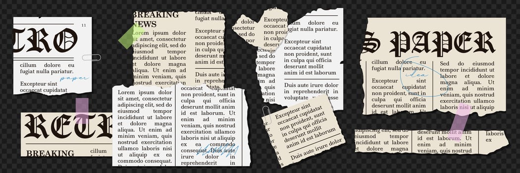 Set of Torn newspaper sheets of paper with clippings text in grunge style. pieces of ripped scrap paper in cage and lines. Vintage elements collection for collage. vector