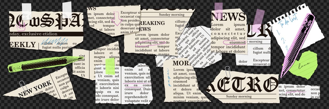 Set of torn newspapers and Notebook sheet for modern collages. Cut strips of Paper with uneven edges. Pieces of vintage book pages trendy design in scrapbook. Ripped notepad textbox. elements. vector