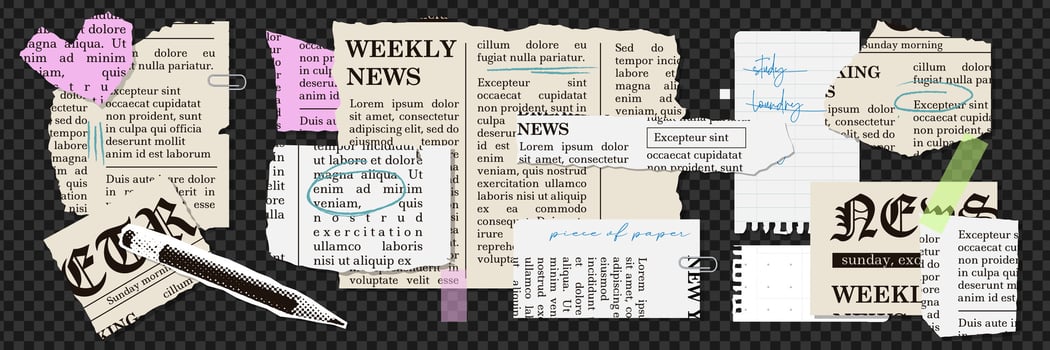 Set of torn newspapers and notebook sheets. Vintage trending newspaper with uneven edges for collages. Torn out sheets collection for a notebook in a cage and stripes. collage elements vector