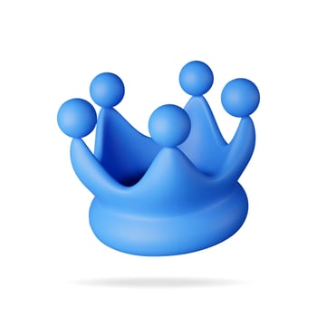 3D blue crown icon isolated on white. Render plastic crown emoji vector