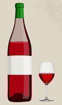 Wine bottle and glass of red wine. illustration isolated on light beige background vector