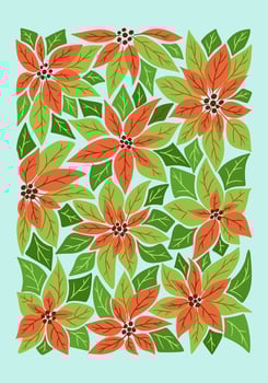 Retro botanical mid century winter poster or art print with poinsettia plants. Hippie 60s, 70s style. Isolated leaves with flowers in nostalgic style. Winter holiday and Christmas mood vector