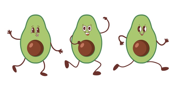 A set of avocados in the style of kawaii. Avocado fruits in a flat design. vector