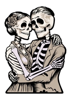 Couple of skeletons hugging. Monochrome sticker vector
