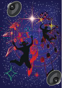 Two dancers jumping with music notes and speakers on starry night background vector