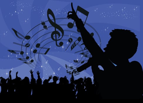 Singer performing live music concert with fans cheering vector
