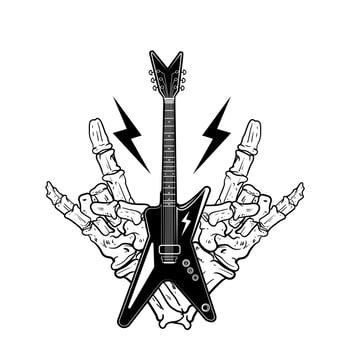 Hand bones gesture metal symbol with electric guitar symbol monochrome black and white tattoo vintage for tattoos, band t-shirts and T-shirt print, poster. Musical instrument. Badge, logo art vector