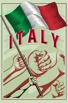 National flag of italy vintage poster design. Poster illustration of the tricolour of italian flag in retro style. Poster design with hand fist illustration showing symbolic strength of italian vector