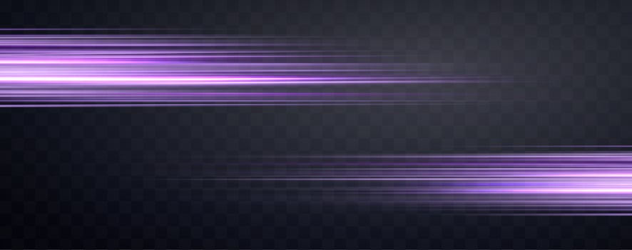 Speed rays, velocity light neon flow, zoom in motion effect, purple glow speed lines, colorful light trails, stripes. vector