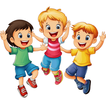 Three cheerful children playing together outdoors, cut out transparent png