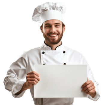 Chef holding a blank sign in a bright kitchen, cut out transparent png