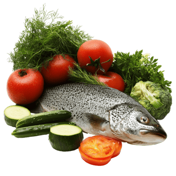 Fresh fish and veggies on white surface, cut out transparent png