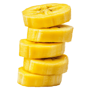 Stacked yellow banana slices on a white background, cut out transparent png